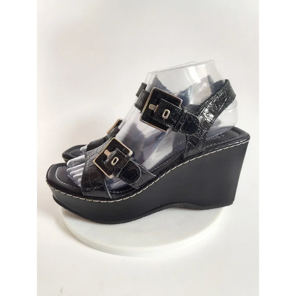 Donald Pliner Sandals 7‎ Y2k 90s Square Toe Platform Croc Patent Leather Wedge